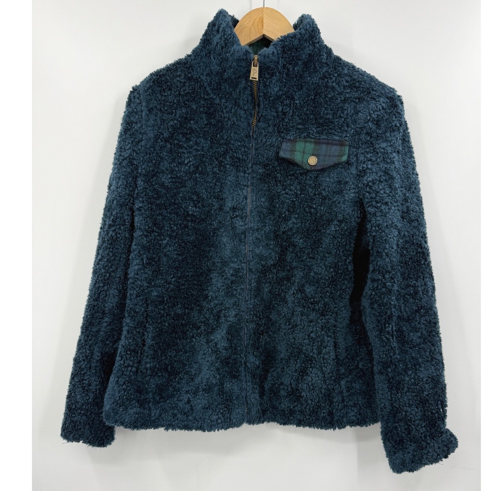 Pendleton Wool Teal Sherpa Fleece Zip Up Jacket Pullover Plaid Pocket Sz Medium